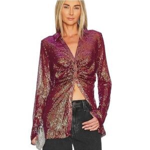 NWT Free People Sequin Shirtee Top Dark Rhubarb red size XS